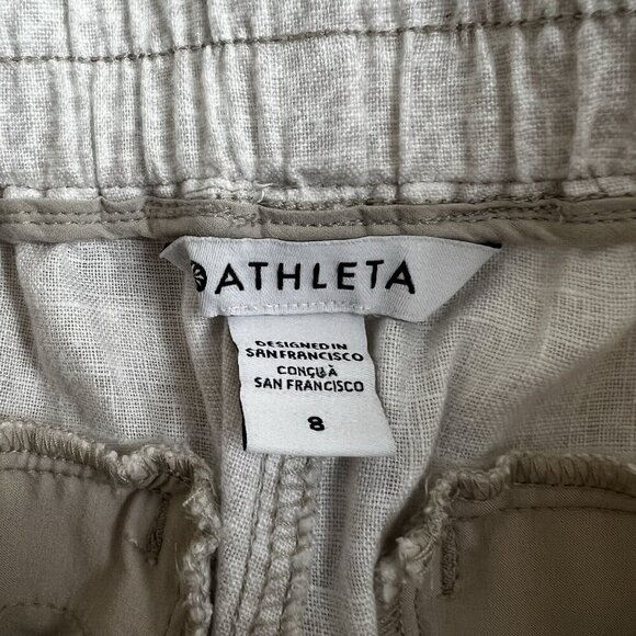 Athleta Cabo Linen Jogger Pants Beige Leopard Print Drawstring‎ Beach Size 8 - Picture 8 of 13